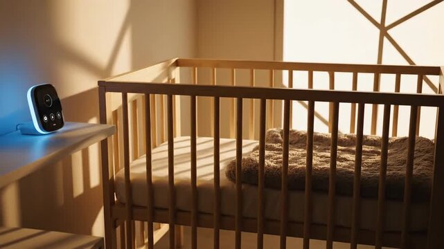Baby Monitor rests on a Table near an Empty Crib with a Soft Blanket inside.
