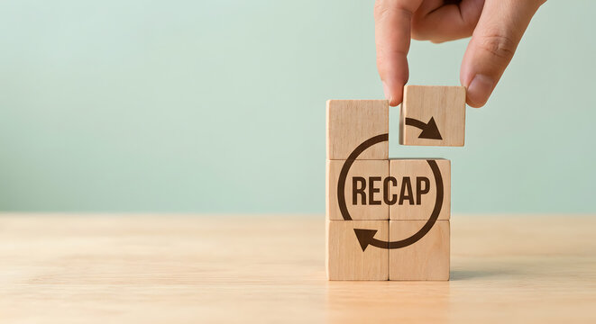 "Wooden Blocks with 'RECAP' Stamp Being Assembled &mdash; Business Meeting Summary, Project Wrap-Up and Presentation Recap Concept with Hand Placing Final Piece"

