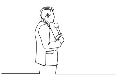 One line drawing of a businessman speaking into a microphone. Minimalist vector illustration of a public speaker or presenter giving a talk. Professional business presentation concept.