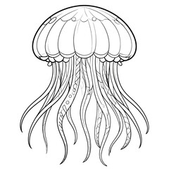 Line art of a jellyfish with a bell-shaped body and long, flowing tentacles. Simple, elegant sea creature outline