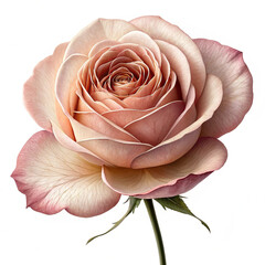 A beautiful macro closeup of a single pink rose flower in full bloom with delicate petals isolated on a white background, symbolizing nature, love, and floral romance