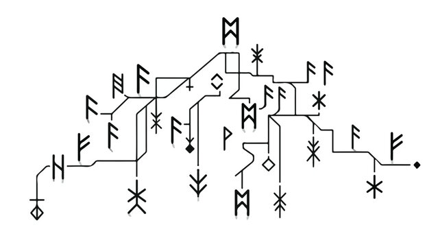Mysterious ancient rune map with intricate symbols and pathways.