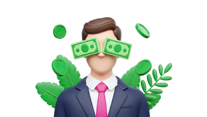 Businessman with Money Covering Eyes and Coins Around