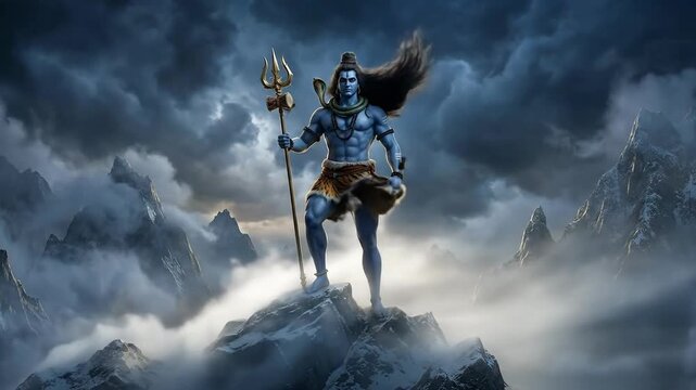 Powerful blue lord shiva stands on a dramatic mountain peak holding his trishula in a cinematic digital illustration.