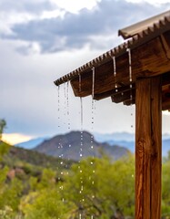 A rustic wooden eave with rainwater droplets, set against a scenic backdrop of mountains and lush greenery under a cloudy sky