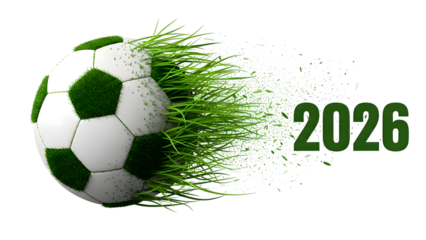 Soccer ball kicking green grass isolated on transparent background with 2026 text