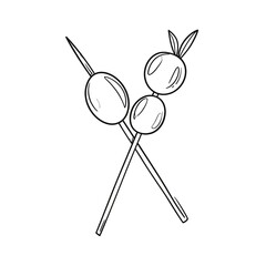 Line art of two skewers, each holding three spherical items, one garnished with leafy sprigs, crossed on a white field