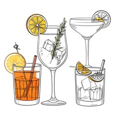 Line art of four cocktails with orange slices, rosemary, ice cubes, straws and glasses
