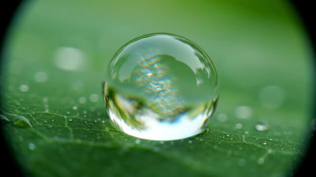 Macro shot of a single water droplet on a vibrant green leaf surface.