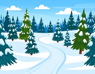 A serene winter landscape with a winding path through a snow-covered forest