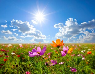 Fototapeta premium Vibrant Wildflower Field Under Bright Blue Sky and Shining Sunlight