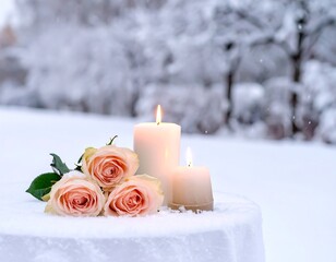 A serene winter scene featuring a snowy table with candles and roses