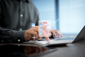 Person using calculator for tax calculation with financial icons overlay