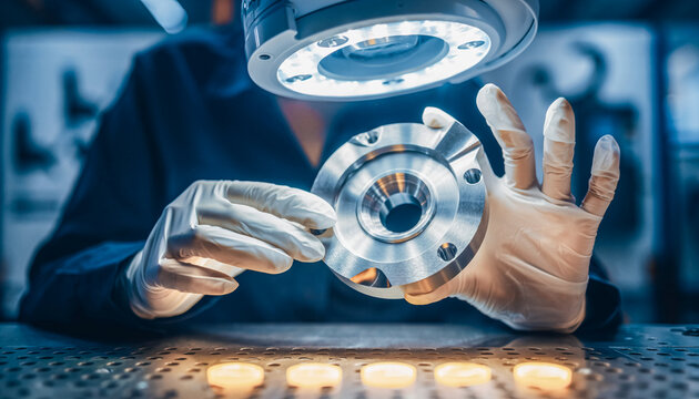QC Inspection of Precision Machined Metal Component in Industrial Clean Room