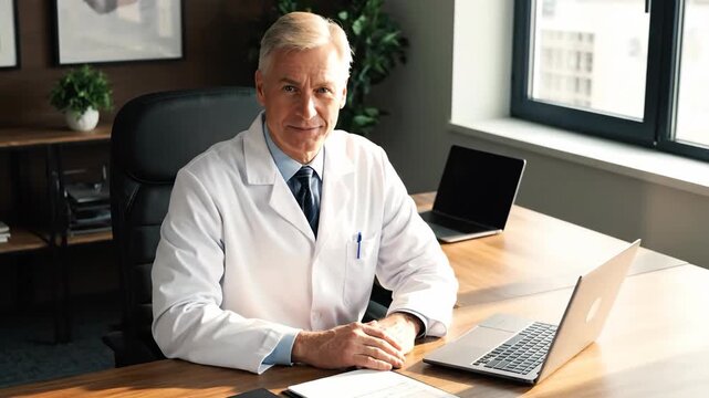 Senior doctor sits at his desk in office, with laptops and papers present.