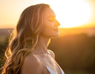 A serene woman enjoys a peaceful sunset moment