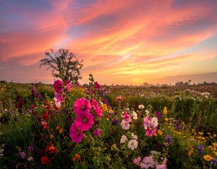 Obraz premium Vibrant Wildflower Field Under Colorful Sunset Sky in Nature