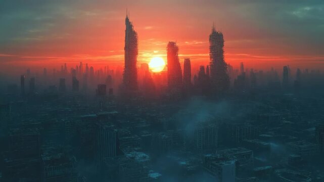 Vast ruined urban towers emerge from smog, glowing intensely beneath a fierce orange sun. The desolate, forgotten world faces an ominous, fiery dawn.