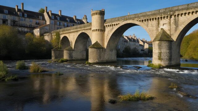 Picturesque medieval bridge over the calm river in Clamecy, France