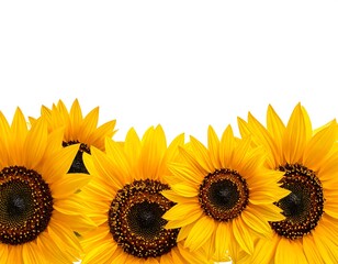 Line of vivid, golden sunflowers positioned along the bottom edge on a stark white background, highlighting petals