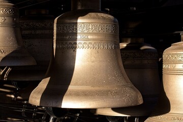 Closeup of large bronze bells on a Carillon.