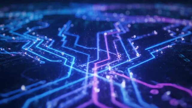 Bright blue and purple lines create A futuristic, circuit-like technological network.