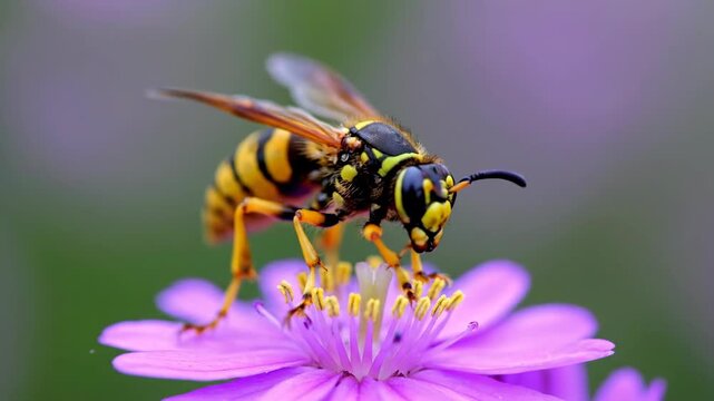 A Yellowjacket Wasp Feeds on Nectar, Posing Against a Soft Purple Background.
