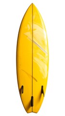Isolated yellow surfboard with visible fins and translucent, swirling patterns on a white background