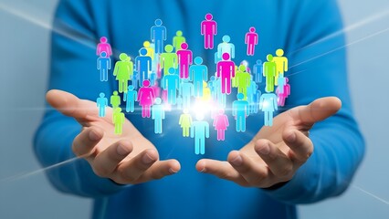 Vibrant Digital Community Icons Emanating from Outstretched Hands, Symbolizing Global Connections and Social Networking Potential