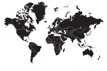 Black world map on white brick wall with country borders