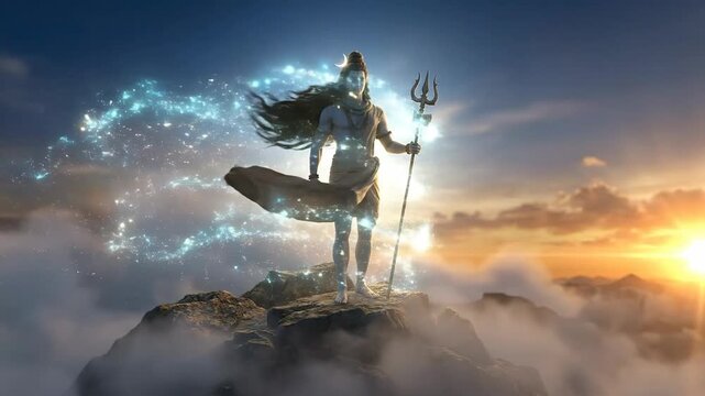 Lord shiva stands majestically on a mountain peak above the clouds, radiating divine blue energy in this dramatic digital rendering.