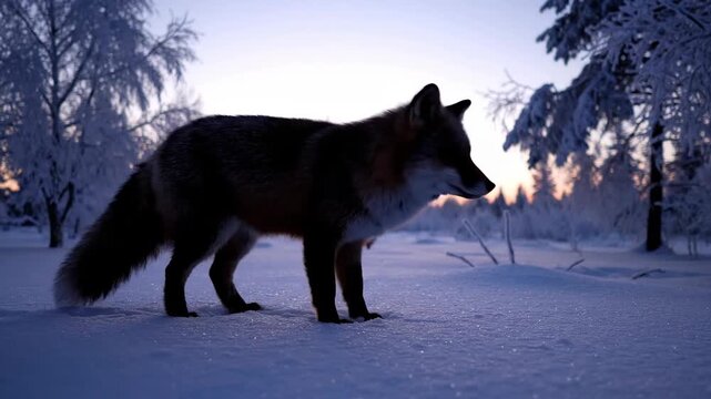 A Red Fox Stands in Snowy Landscape at Dusk- Amidst Ice-Covered Trees.