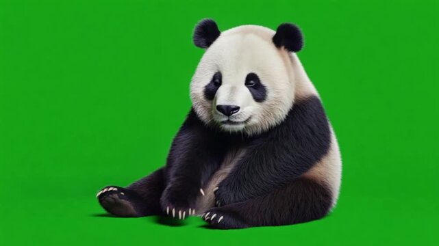 A cute panda bear sitting on a green screen background in a video