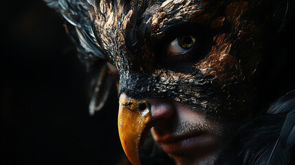 Cinematic portrait of a human with feathered skin patterns and bird-like irises under studio lighting  © Naruephu