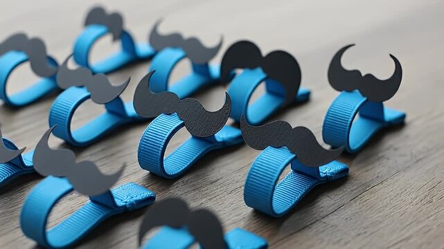 Blue paper napkin rings with black mustache decorations arranged on a wooden table.