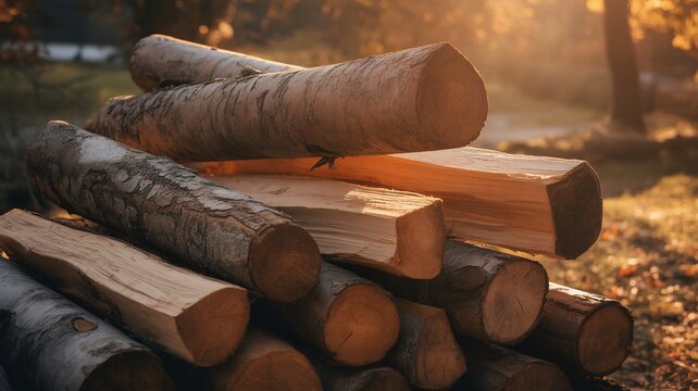 Stack of firewood logs in a forest clearing at sunset