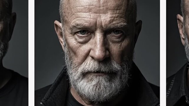 Collage of elderly man portraits with gray beards and bald heads.