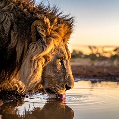Lion drinks from reflective puddle at dusk, mane alight in golden hour light. Wild savanna backdrop, serene scene