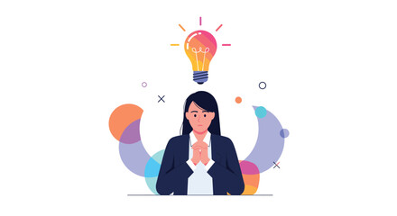Businesswoman standing in a meditative pose with a bright glowing lightbulb above her head symbolizing a great new idea.