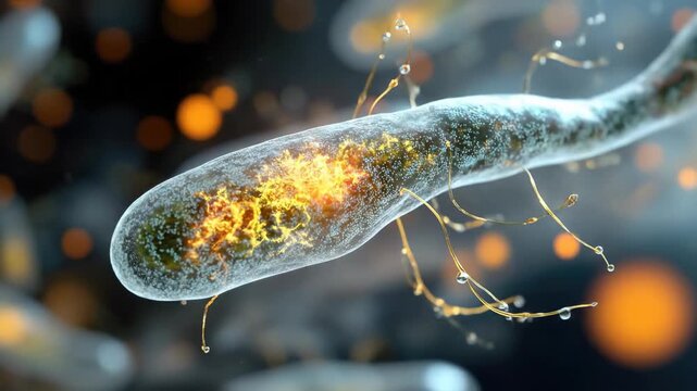 Translucent glowing bacterium, revealing vibrant internal energy. Delicate filaments with sparkling water drops surround this active microorganism, drifting in a dark liquid, 