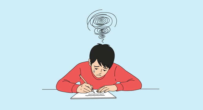 Stressed young student in a red sweater struggling with his schoolwork while feeling extremely anxious and overwhelmed.