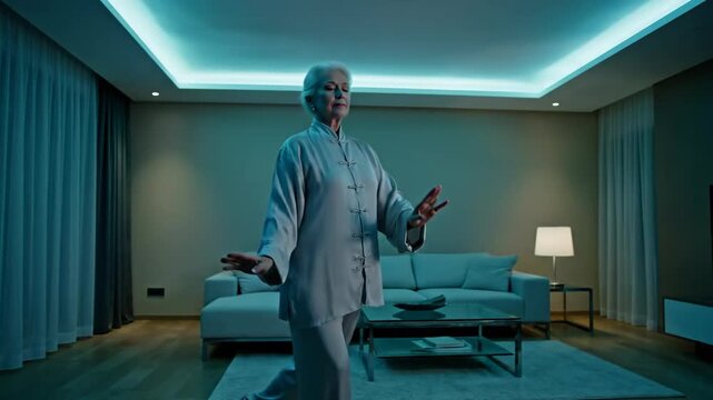 Elderly Woman Practices Tai Chi in her Minimalist Home with Ambient Green Lighting.