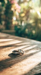 Wedding Rings on Wooden Table with Sunlight