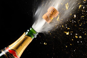 Champagne bottle popping with a flying cork and sparkling liquid spraying out