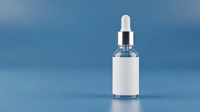 Clear glass cosmetic bottle with white label and dropper on blue background glass bottle clear bottle