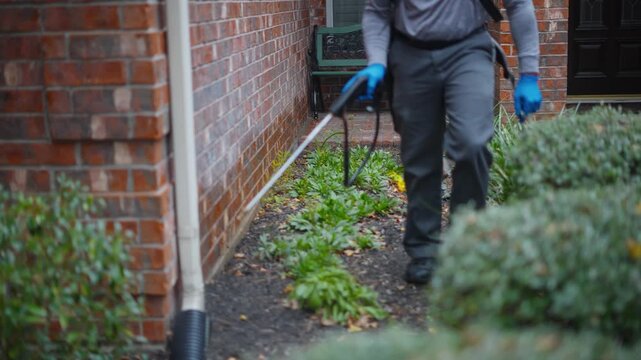 Applying pesticide solution to exterior brick wall foundation of residential building