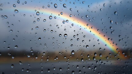 A vibrant rainbow shines through a window pane covered in glistening raindrops symbolizing hope after a storm