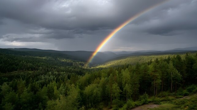 A vivid rainbow emerges from dark storm clouds illuminating a vast green forest landscape with dramatic lighting - Powered by Adobe