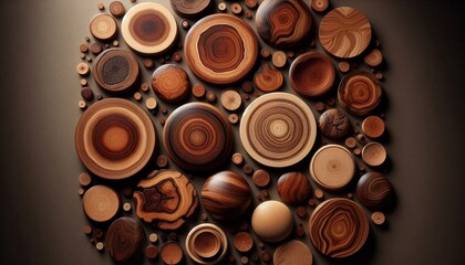 Decorative surface made of natural wooden discs arranged in an organic composition. Suitable for interior decor, surface design, backgrounds, and creative projects.