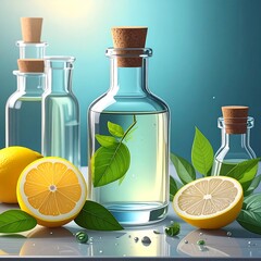 Lemon essence bottles, corked, with lemon slices and leaves, reflecting on a glossy surface against a blue backdrop